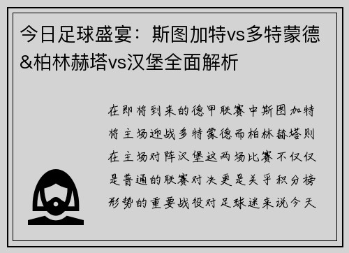 今日足球盛宴：斯图加特vs多特蒙德&柏林赫塔vs汉堡全面解析